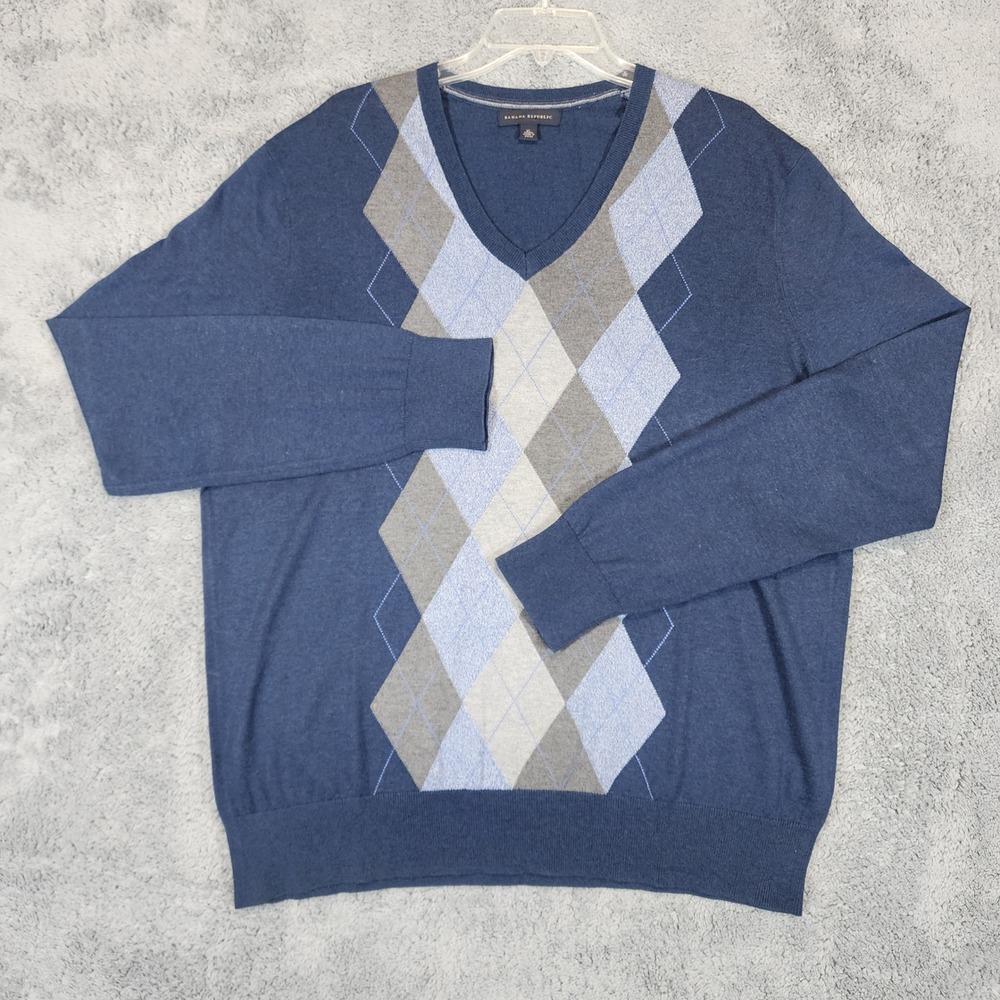 Banana Republic Argyle Sweater Men XL Blue Gray Silk Cashmere V Neck Grandpacore